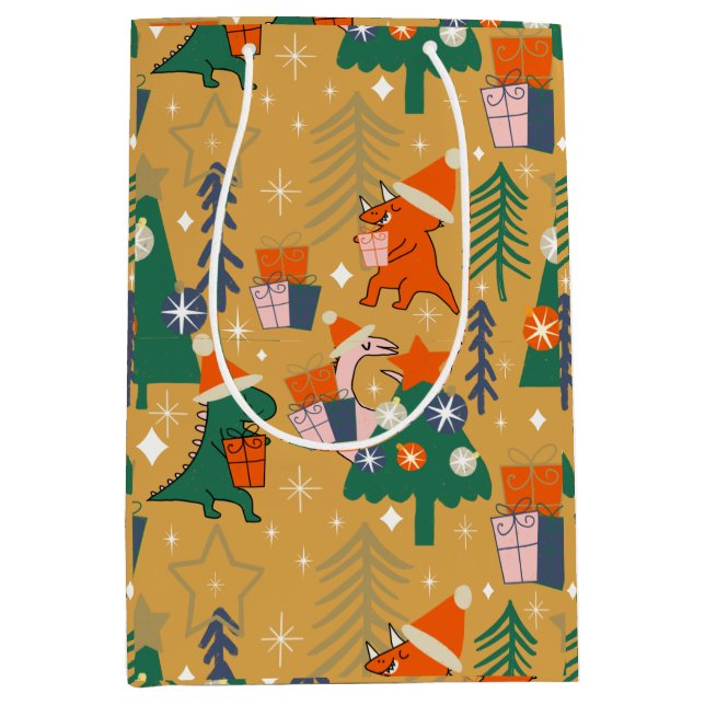 Bolsa De Regalo Mediana Navidades de dinosaurios Fiesta Amarillo (Anverso)