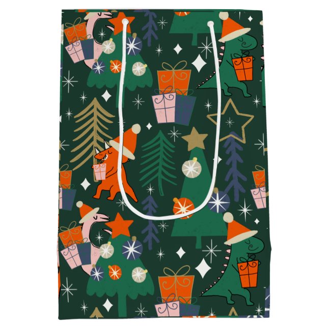 Bolsa De Regalo Mediana Navidades de Dinosaurios Fiesta Verde (Reverso)