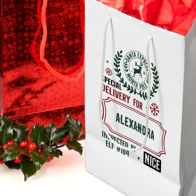 Bolsa De Regalo Mediana Navidades de entrega de Santa Express para (nombre (Personalized Santa's Express Special Delivery gift bag will add a touch of magic to your gift giving)