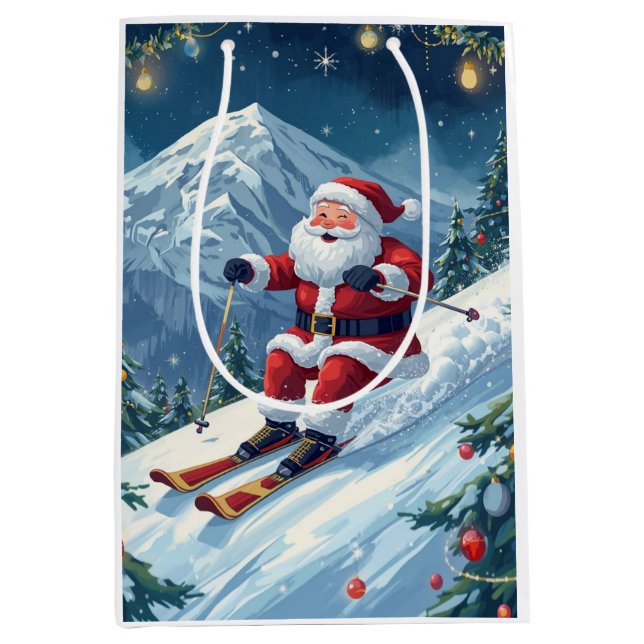 Bolsa De Regalo Mediana Navidades de esquí con Santa Claus en la montaña (Anverso)