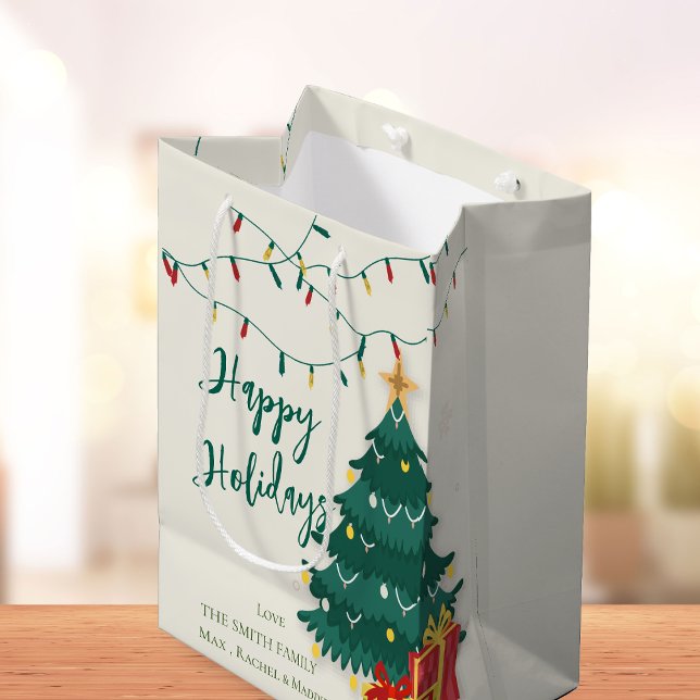 Bolsa De Regalo Mediana Navidades de Happy Holidays String Lights Tree Cut (Happy Holidays String Lights Tree Cute Christmas Medium Gift Bag)