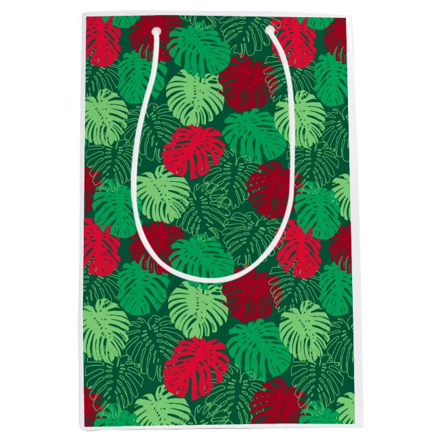 Bolsa De Regalo Mediana Navidades de hojas tropicales verde rojo (Anverso)