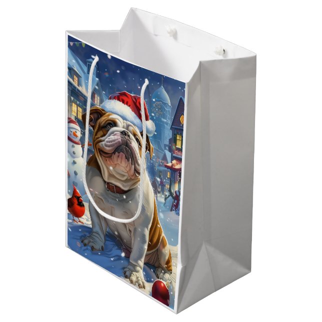 Bolsa De Regalo Mediana Navidades de invierno Bulldog inglés disfrutan (Angulo Anverso)
