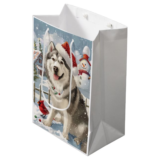 Bolsa De Regalo Mediana Navidades de invierno de Alaskan Malamute Dog Wond (Angulo Anverso)