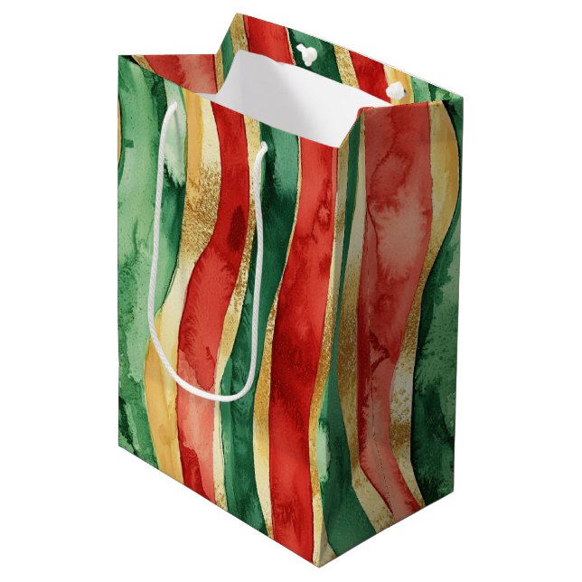 Bolsa De Regalo Mediana Navidades de las franjas verdes de oro rojo (Angulo Anverso)