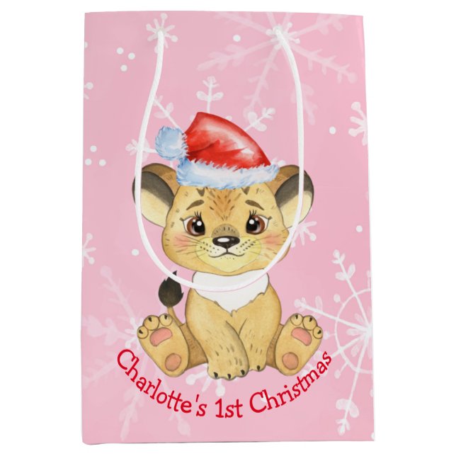 Bolsa De Regalo Mediana Navidades de león personalizadas Niña Rosa (Anverso)