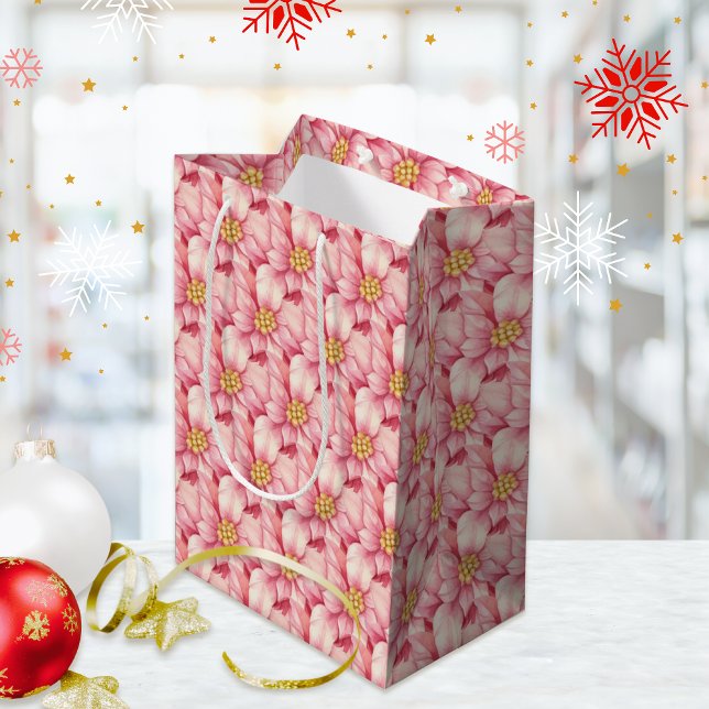 Bolsa De Regalo Mediana Navidades de Love Peace Joy Pink Poinsettia (Subido por el creador)