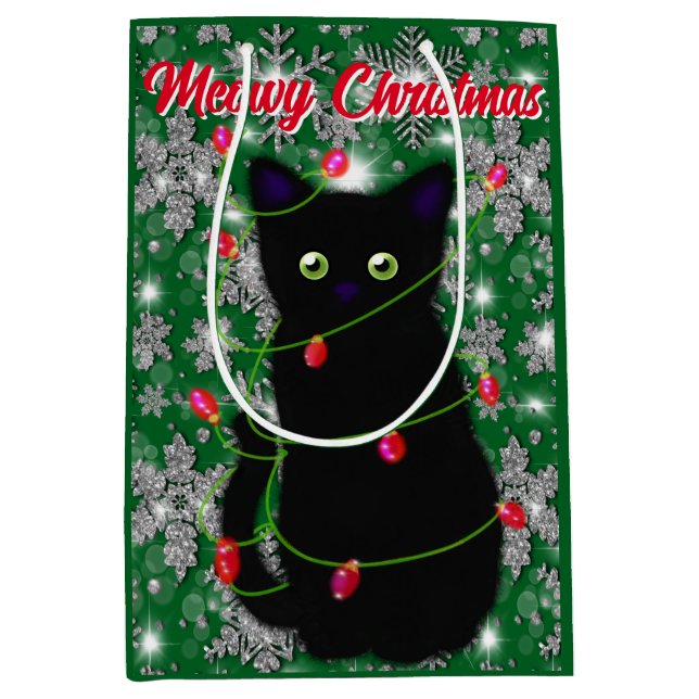 Bolsa De Regalo Mediana Navidades de Meowy, gato negro lindo (Anverso)