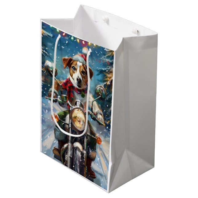 Bolsa De Regalo Mediana Navidades de moto de Jack Russell Dog Riding (Angulo Anverso)