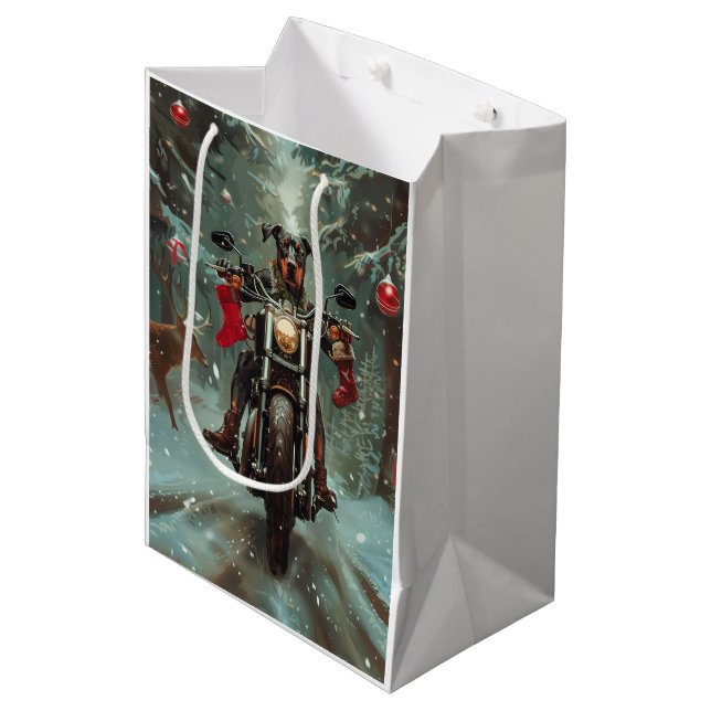 Bolsa De Regalo Mediana Navidades de motocicleta Doberman Dog Riding (Angulo Anverso)