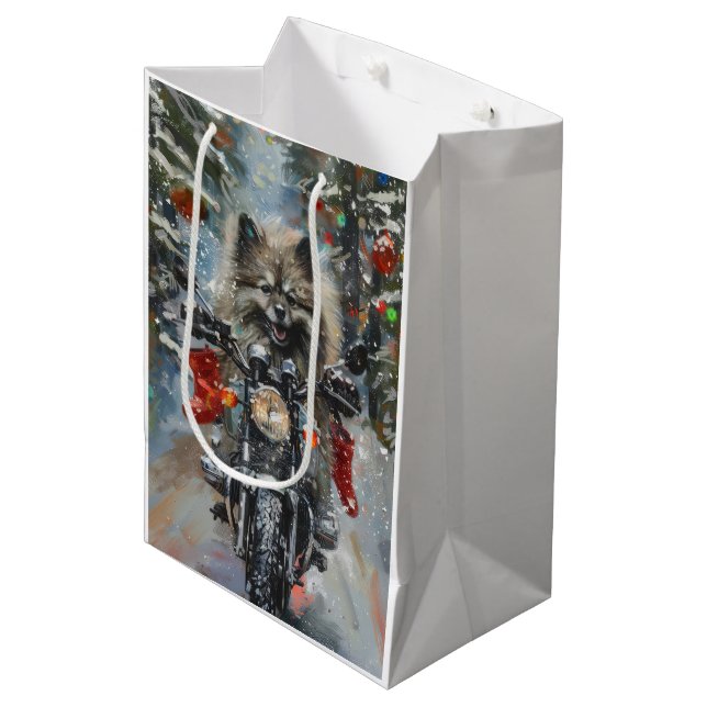 Bolsa De Regalo Mediana Navidades de motocicletas Keeshond Dog Riding (Angulo Anverso)
