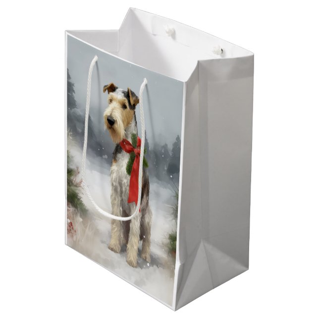 Bolsa De Regalo Mediana Navidades de Nieve en Wirefox Terrier Dog (Angulo Anverso)