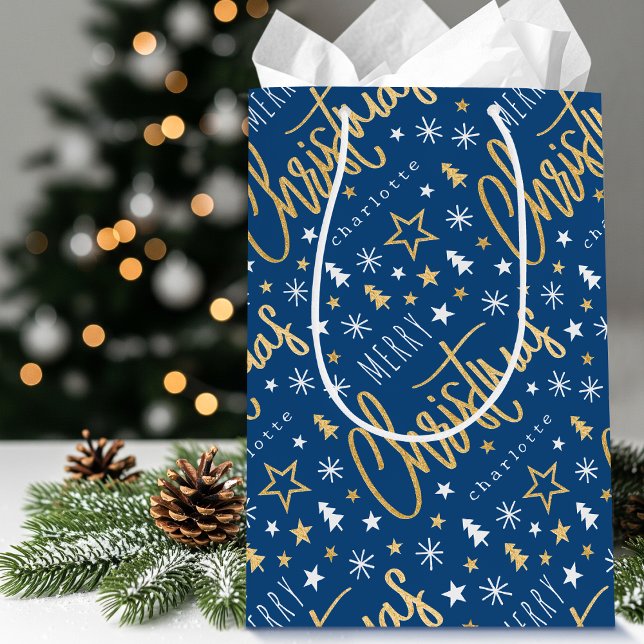 Bolsa De Regalo Mediana Navidades de nombres personalizados Script Blue Fa (Subido por el creador)