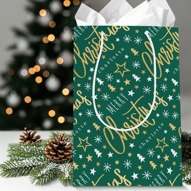 Bolsa De Regalo Mediana Navidades de nombres personalizados Script Green F (Subido por el creador)
