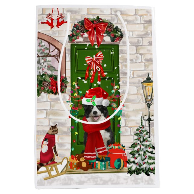 Bolsa De Regalo Mediana Navidades de Perro de Collie Fronterizo (Anverso)