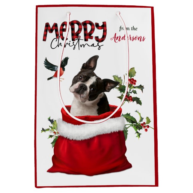 Bolsa De Regalo Mediana Navidades de Perro Terrier de Boston (Anverso)