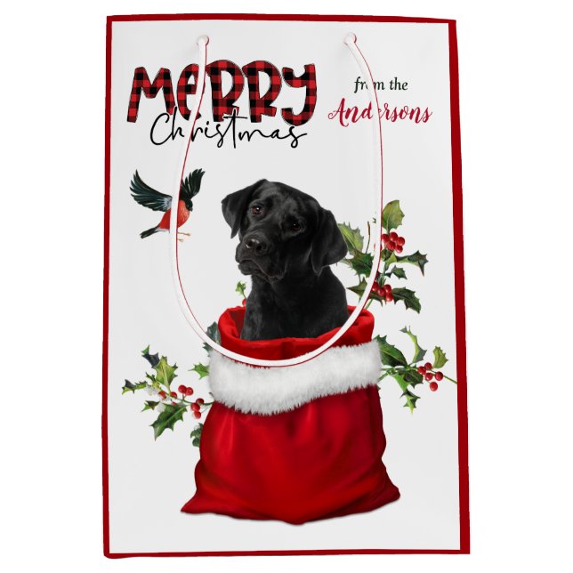 Bolsa De Regalo Mediana Navidades de perros cachorros de Labrador Negro (Anverso)