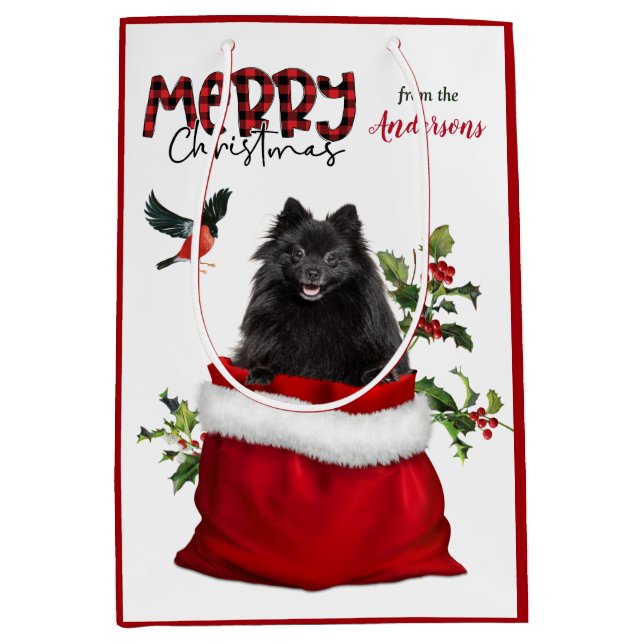 Bolsa De Regalo Mediana Navidades de Perros de Pomerania Negra (Anverso)
