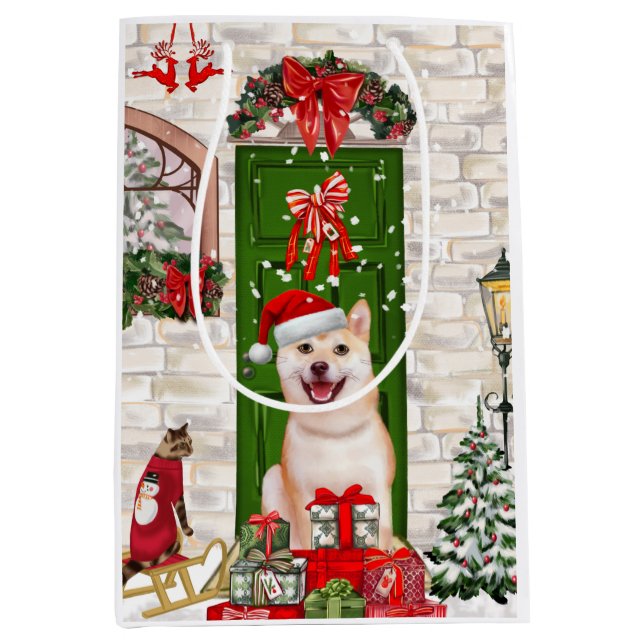 Bolsa De Regalo Mediana Navidades de Perros de Shiba Inu (Anverso)