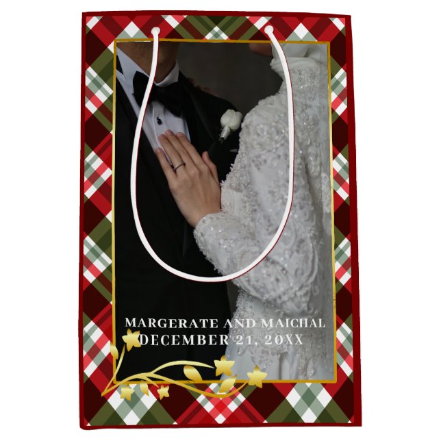 Bolsa De Regalo Mediana Navidades de Plaid 1 Foto casada y morada (Anverso)