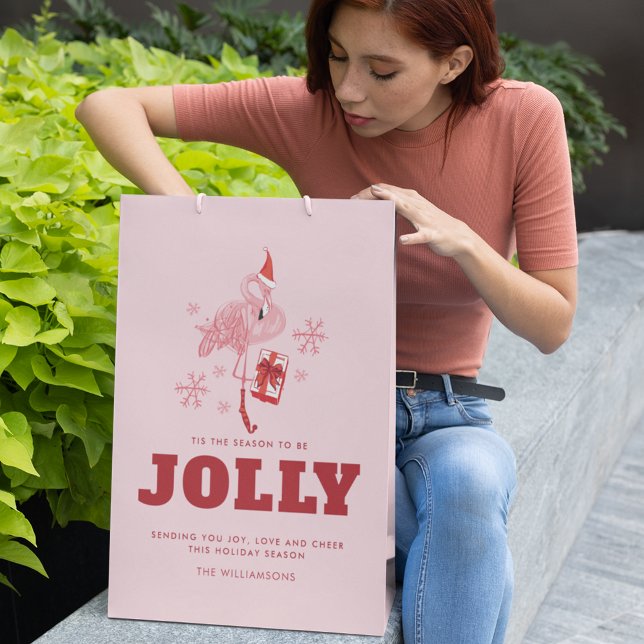 Bolsa De Regalo Mediana Navidades de playa tropical Flamingo rosa (Pink Flamingo Tropical Beach Christmas Medium Gift Bag)