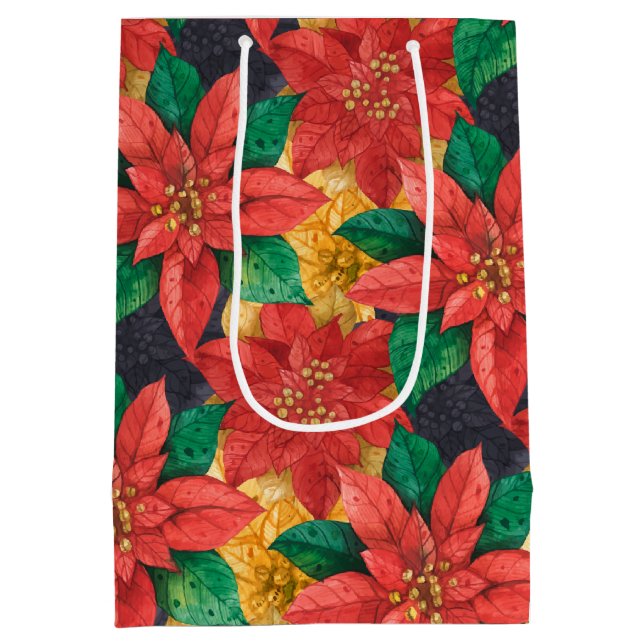 Bolsa De Regalo Mediana Navidades de Poinsettias Rojas y Oro (Reverso)