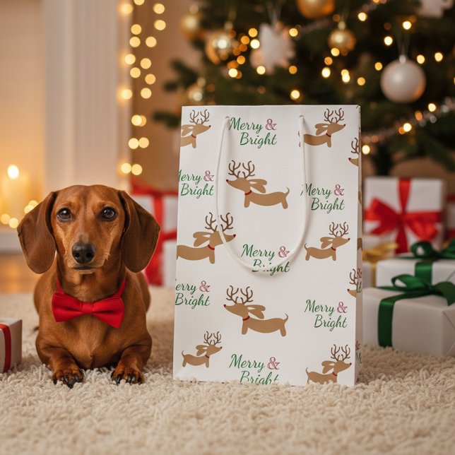Bolsa De Regalo Mediana Navidades de renos de Dachshund dan una morera (Wiener dog Christmas gift bag - Merry & Bright)