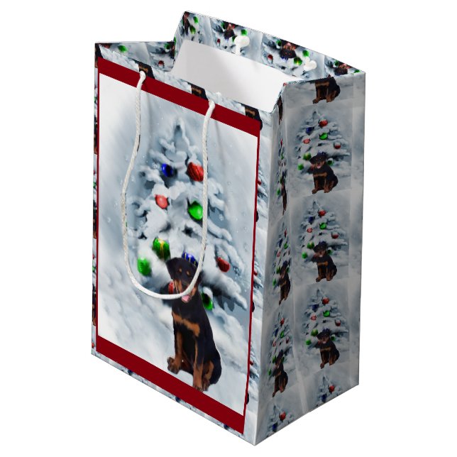Bolsa De Regalo Mediana Navidades de Rottweiler Puppy (Angulo reverso)