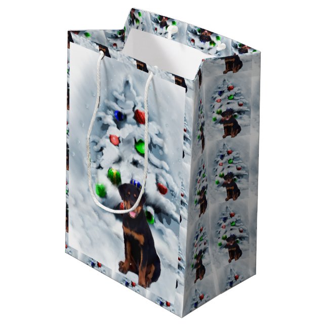 Bolsa De Regalo Mediana Navidades de Rottweiler Puppy (Angulo reverso)