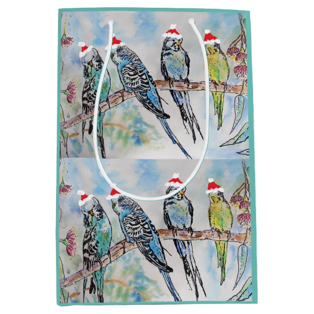 Bolsa De Regalo Mediana Navidades de Santa Budgie Pájaro de pintura acuáti (Anverso)