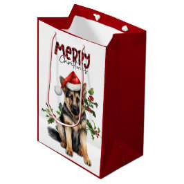 Bolsa De Regalo Mediana Navidades de Santa Hat Holly German Shepherd Puppy