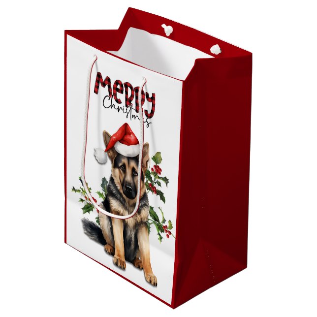 Bolsa De Regalo Mediana Navidades de Santa Hat Holly German Shepherd Puppy (Angulo Anverso)