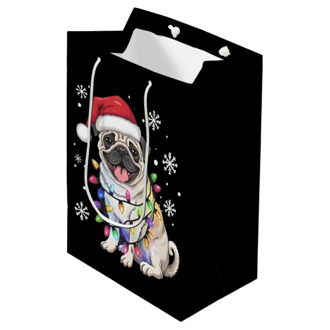Bolsa De Regalo Mediana Navidades de Santa Pug alumbran a amante del perro (Angulo Anverso)