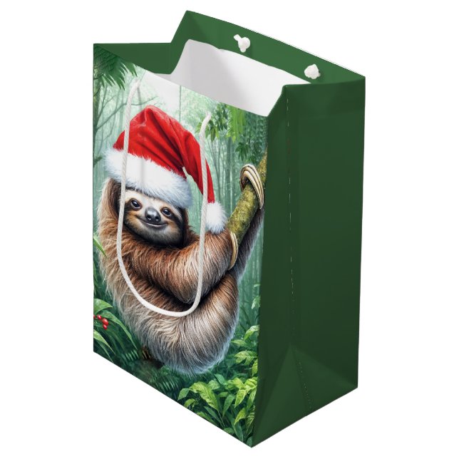 Bolsa De Regalo Mediana Navidades De Santa Sloth En La Selva Lluviosa (Angulo Anverso)