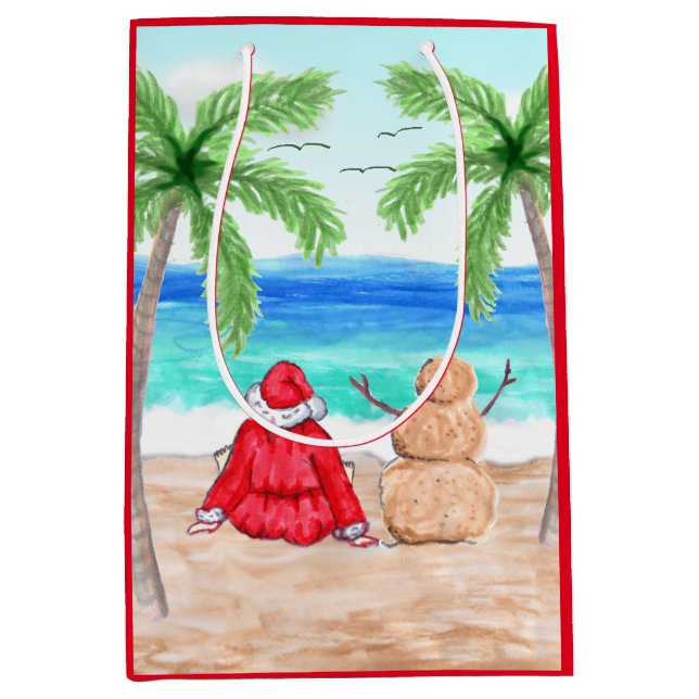 Bolsa De Regalo Mediana Navidades de Santa y Sand Snowman en la playa (Anverso)