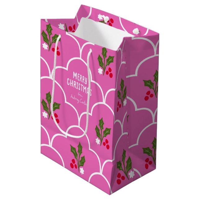 Bolsa De Regalo Mediana Navidades de tela de vieiras rosa brillante (Angulo Anverso)