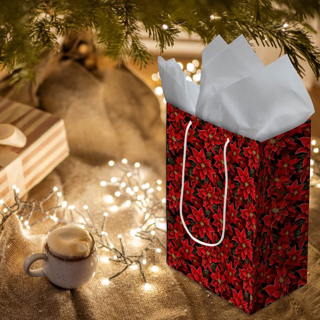 Bolsa De Regalo Mediana Navidades de vacaciones rojas Patrón de puninsetti (Subido por el creador)