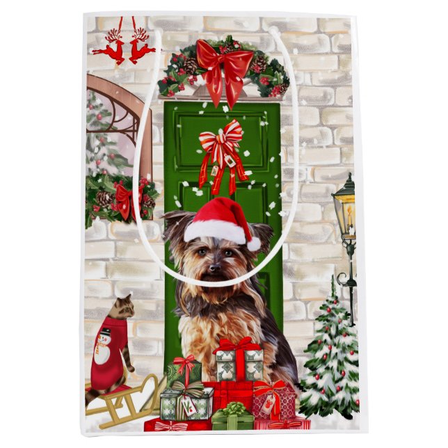 Bolsa De Regalo Mediana Navidades de Yorkie Dog (Anverso)