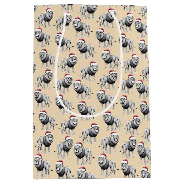 Bolsa De Regalo Mediana Navidades del Safari Animal Lion Santa Hat (Anverso)