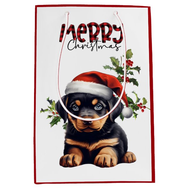 Bolsa De Regalo Mediana Navidades del Santa Hat Holly Rottweiler Puppy (Anverso)