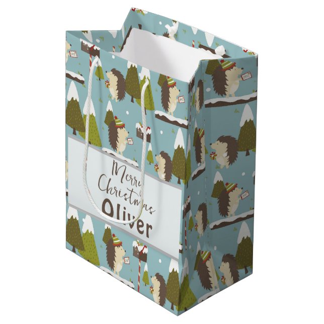 Bolsa De Regalo Mediana Navidades divertidos Hedgehogs Nombre de niños (Angulo Anverso)