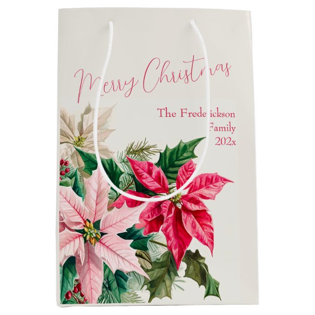 Bolsa De Regalo Mediana Navidades elegantes de Poinsettias Rosa (Anverso)