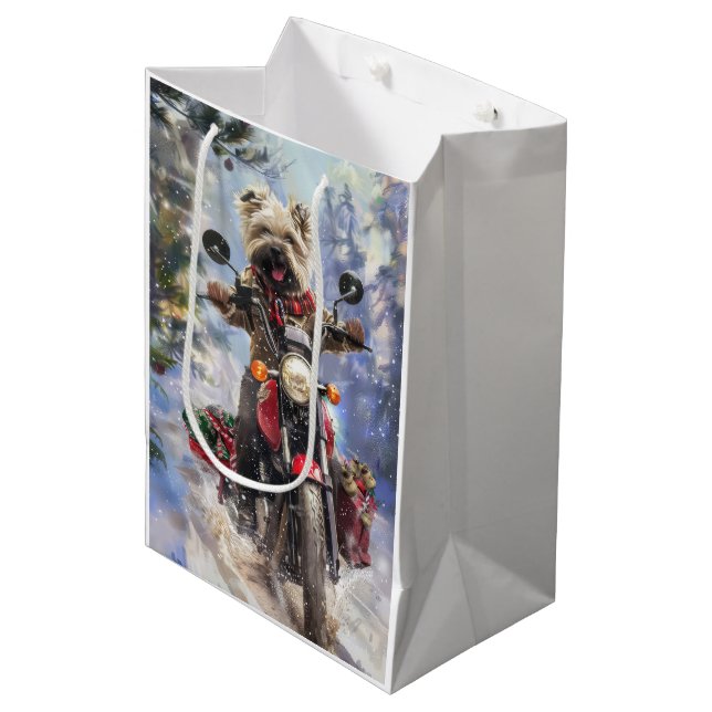 Bolsa De Regalo Mediana Navidades en moto de Cairn Terrier (Angulo Anverso)