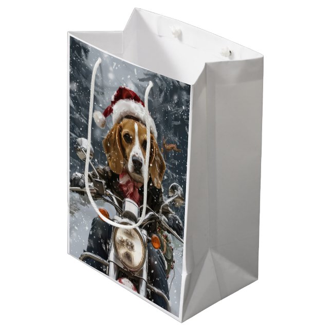 Bolsa De Regalo Mediana Navidades en motocicleta Beagle Dog Riding (Angulo Anverso)