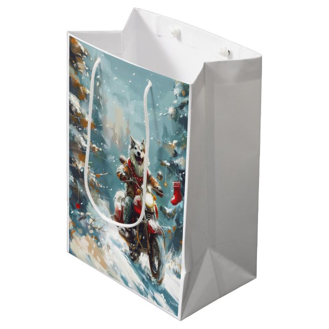 Bolsa De Regalo Mediana Navidades en motocicleta de Alaska Malamute (Angulo Anverso)