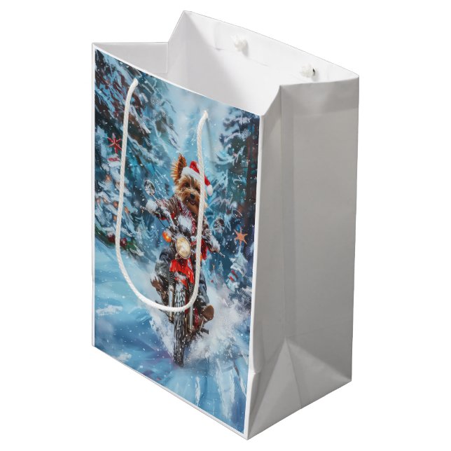 Bolsa De Regalo Mediana Navidades en motocicleta de Biewer Terrier Dog Rid (Angulo Anverso)