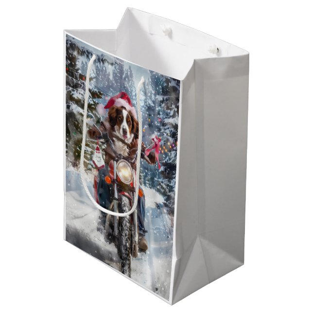 Bolsa De Regalo Mediana Navidades en motocicleta de Brittany Spaniel (Angulo Anverso)