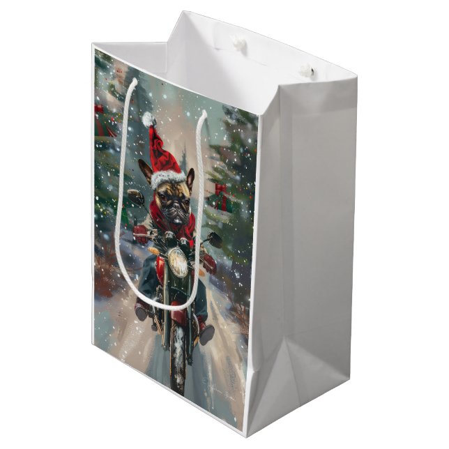 Bolsa De Regalo Mediana Navidades en motocicleta de Bulldog francés (Angulo Anverso)