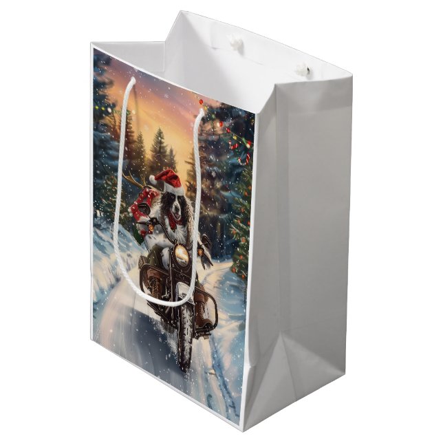 Bolsa De Regalo Mediana Navidades en motocicleta de la equitación del perr (Angulo Anverso)