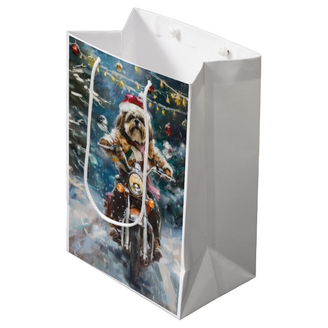 Bolsa De Regalo Mediana Navidades en motocicleta de lhasa Apso Dog Riding (Angulo Anverso)